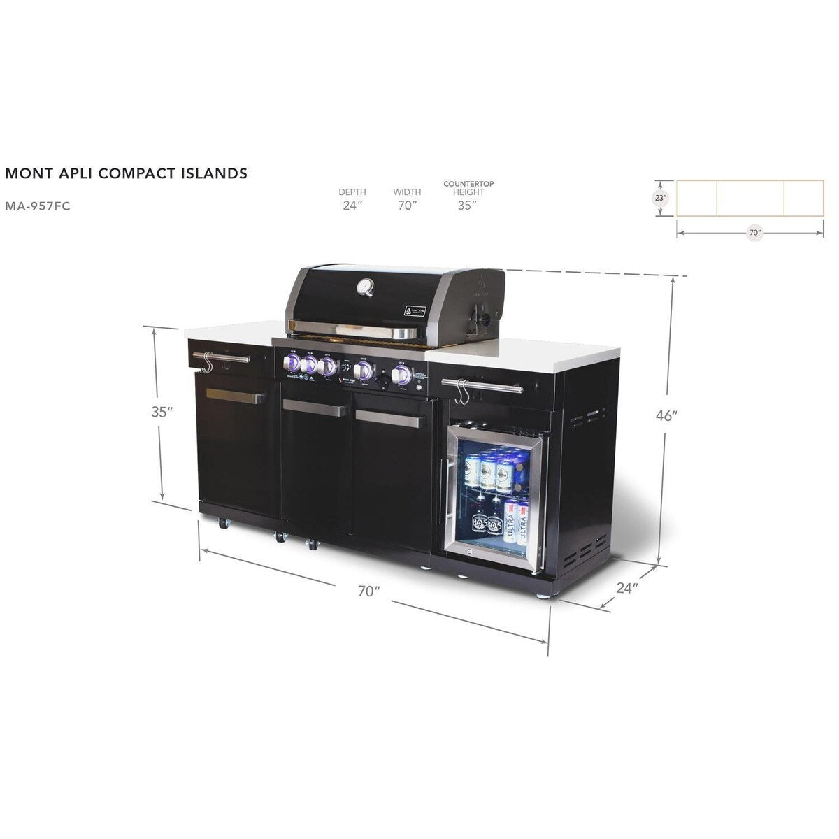 Mont Alpi Compact Series 6 Ft Propane Outdoor Kitchen Island w/ Fridge in Black Stainless Steel - MA-957FC