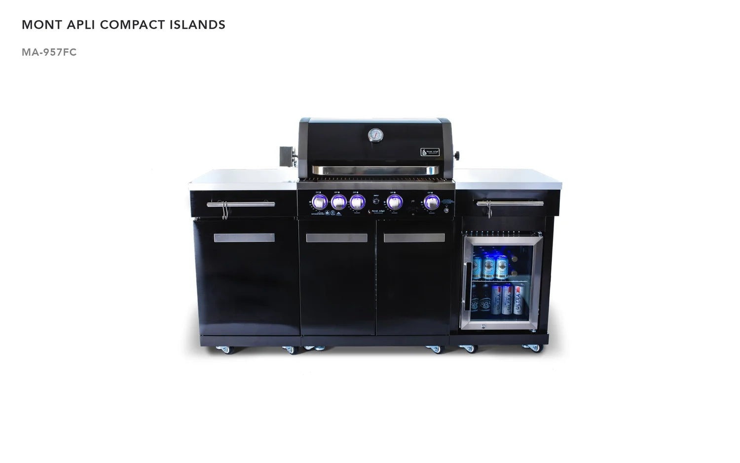 Mont Alpi Compact Series 6 Ft Propane Outdoor Kitchen Island w/ Fridge in Black Stainless Steel - MA-957FC