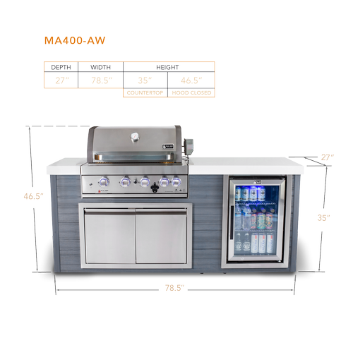 Mont Alpi Artwood Series 6.5 Ft Propane Outdoor Kitchen Island w/ 4-Burner Grill