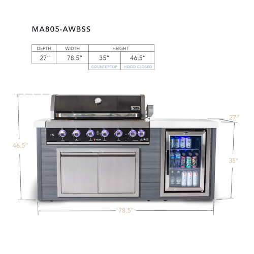 Mont Alpi Artwood Series 6.5 Ft Propane Outdoor Kitchen Island w/ 4-Burner Grill