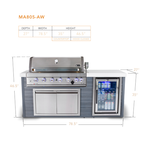 Mont Alpi Artwood Series 6.5 Ft Propane Outdoor Kitchen Island w/ 6-Burner Grill