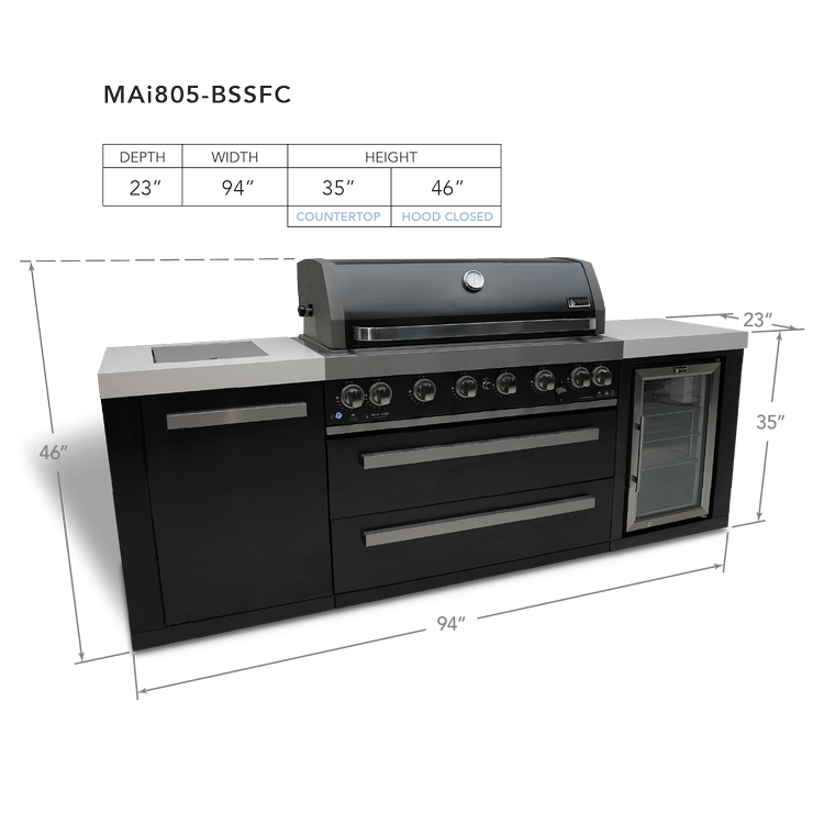 Mont Alpi Black Series 8 Ft Propane Outdoor Kitchen Island w/ Side Burner & Fridge - MAi805-BSSFC