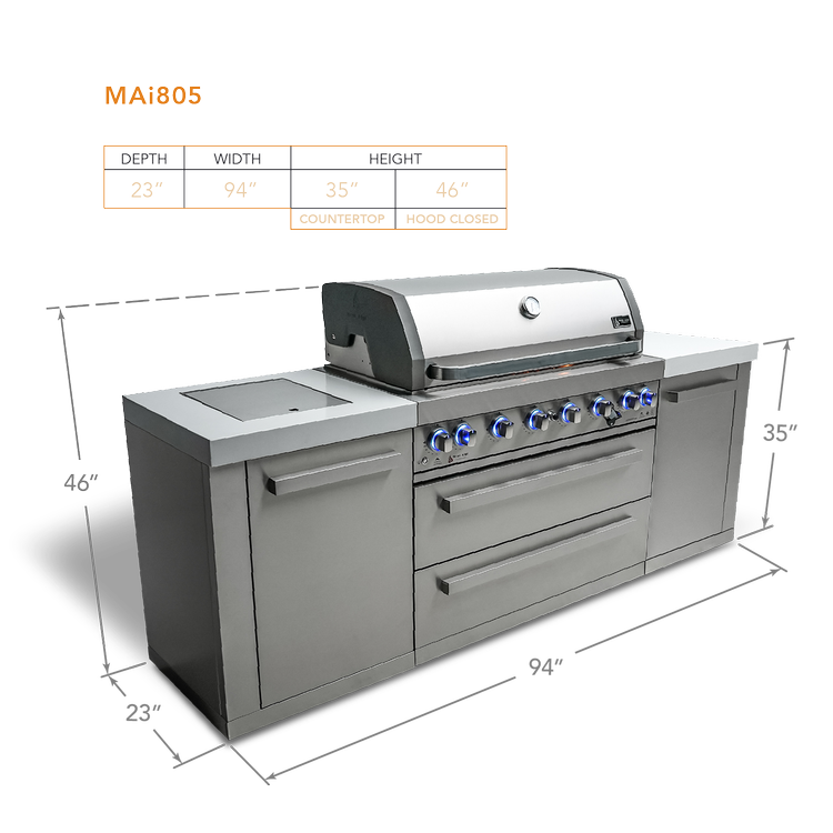Mont Alpi Original Series 8 Ft Propane Outdoor Kitchen Island w/ Side Burner- MAi805